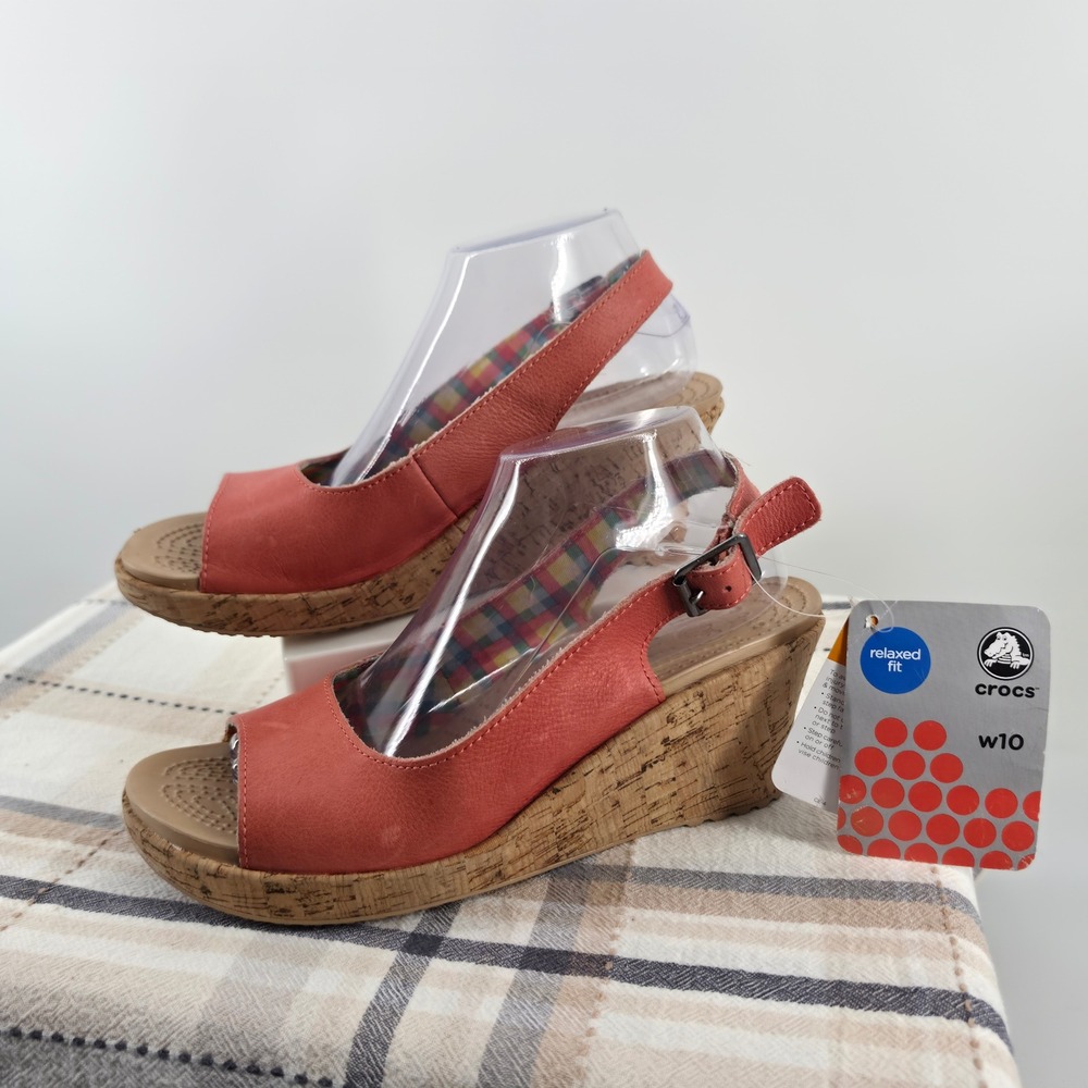 Crocs A-Leigh Wedge Leather Flamingo Pink Plaid Cork Comfort Sandals W10